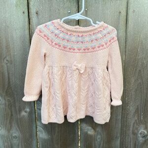Shabby Chic Blush Pink Bow Fair Isle Trim Baby Knit SweaterDress Size 6-9 months
